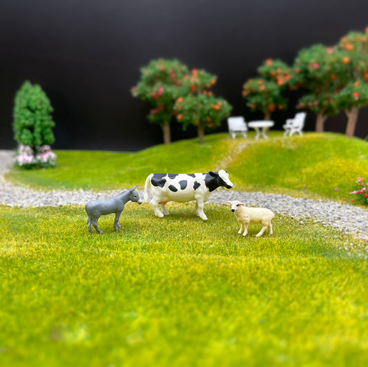 Miniature Farm Animals. Cow, Donkey, Sheep. 1:64 Scale Realistic Figures