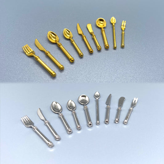 Miniature Cutlery. Silver or Gold. 9 Piece Set. Dollhouse Kitchen Accessories. Scale 1:12