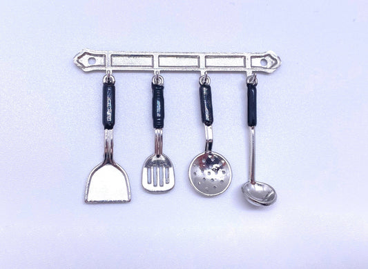 Miniature Silver Utensils Spatula Ladle Slotted Spoon Wall Rack Set. Dollhouse Kitchen Accessories. 1:12 Scale