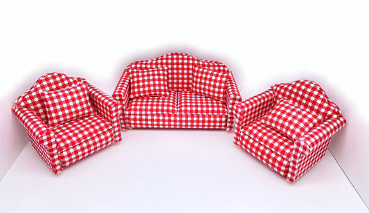 Miniature Red Plaid Pattern Sofa Armchairs 3 Piece Set. Dollhouse Accessories 1:12 Scale