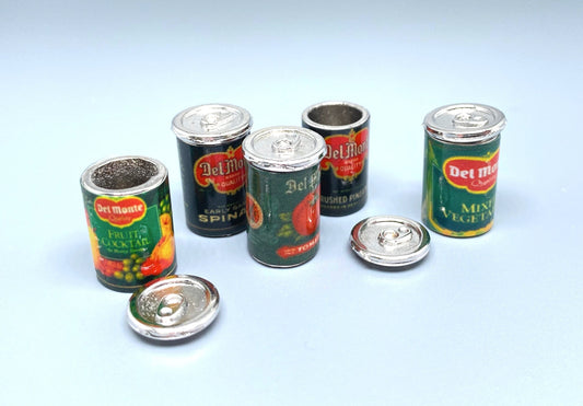 Miniature Canned Fruit Set 5 Pieces. Dollhouse Accessories. 1:12 Scale