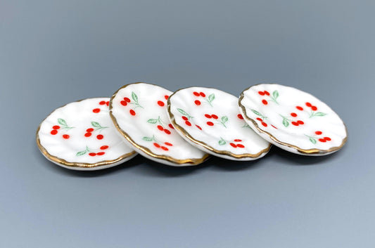 Miniature Cherry Plate. Set Of Four Plates. Kitchen Cooking. Dollhouse Accessories 1:12 Scale