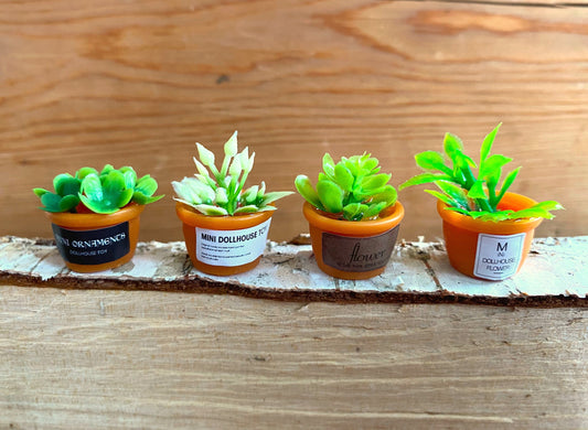 Miniature Plants in Ceramic Pots. Cute Green Flowers and Leaves. Dollhouse Accessories 1:12 Scale