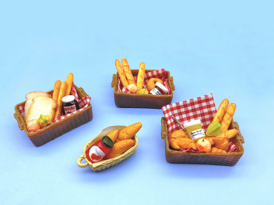 Miniature Food Baskets. Bread Nutella Fruit Jam. Picnic Dollhouse Accessories 1:12 Scale