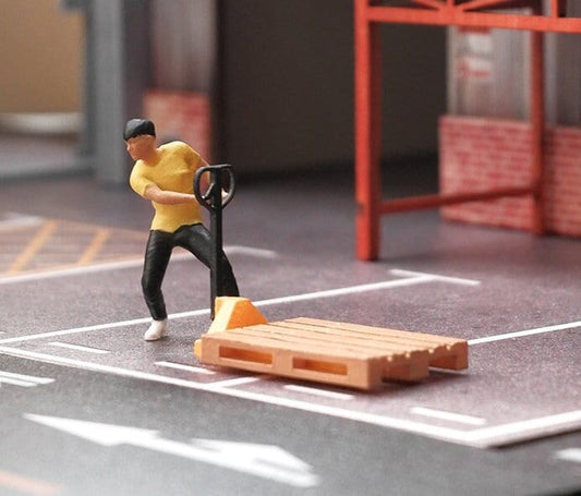 Miniature Worker With Pallet and Truck Figures. Warehouse Fork Trolley. 1:64 Scale