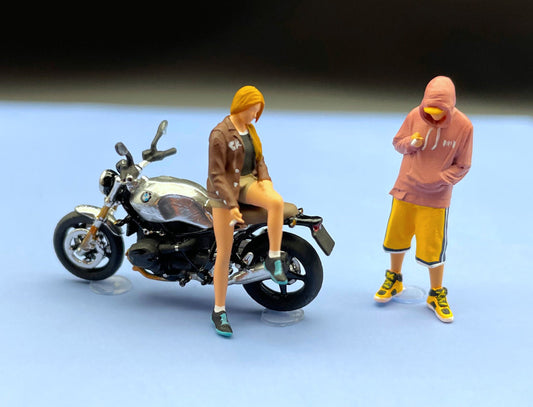 Motorbike and Miniature Human Figures. Girl and Hoodie Smoking Guy. 1:64 Scale