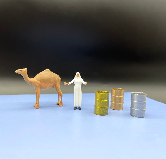 Oil Sheikh, Oil Barrels and Camel. Miniature Figures / Models. 1:64 Scale