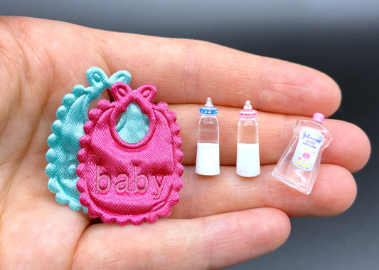 Miniature Baby Set. Baby Oil, Bottle and Bib. Dollhouse Accessories Decoration 1:12 1/6 Scale