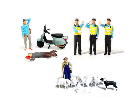 Miniature Figures Sets. 1:64 Scale. Traffic Police, Moped Accident, Shepherd, Dog, Sheep