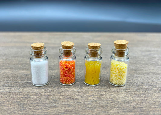 Miniature Jars Dry Food Set. Salt, Spaghetti, Corn Flour, Chili Flakes. Kitchen Food. Dollhouse Accessories. 1:12 Scale