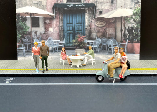 Couples. Moped, Sat at Table, Walking Together. Miniature 1:64 Scale Figures