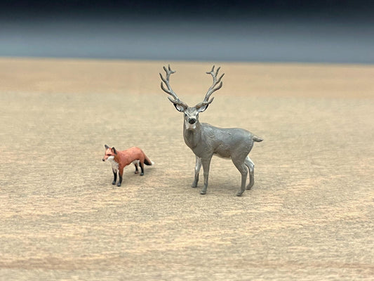 Mini Red Fox and Stag Deer. 1:64 Scale Realistic Replica Models